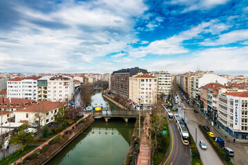 Porsuk River aerial view in Eskisehir City. Eskisehir is populer tourist destination in Turkey.