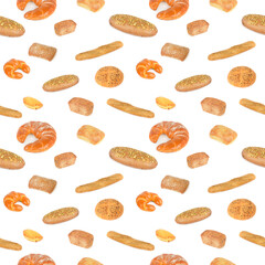 Seamless pattern varied set fresh and healthy bread products isolated on white
