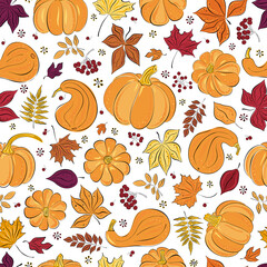 Seamless patterns. Autumn fall yellow, brown and red leaves and orange pumpkin with rowan berries on a white background. Doodle and cartoon style.