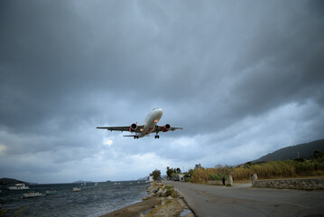 9/14/2020 Greece, Skiathos island, airport. Dangerous plane landing.
