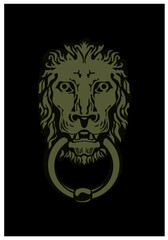 Exterior decor element. Old house. Door ring in the form of a lion's head. Vector image for logo and illustrations.