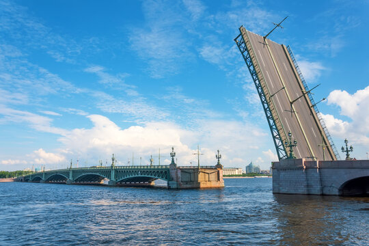 Divorced Troitsky bridge with a raised sash in the afternoon in St. Petersburg.