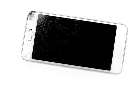 A white  smartphone with a broken screen on a white background