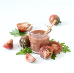 Black tomato juice in a glass with bamboo straw on a light background