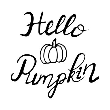 Hello Pumpkin hand lettering, brush calligraphy isolated on white background.