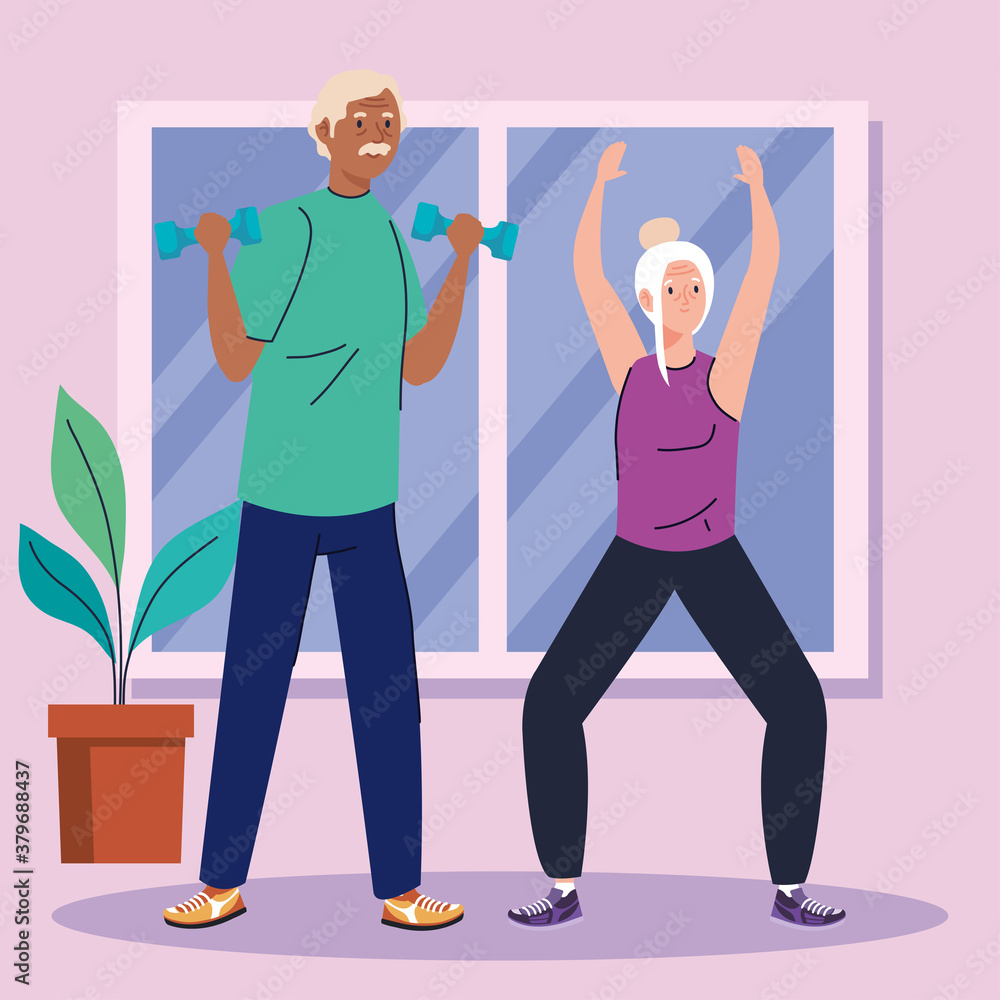 Poster senior couple practicing exercise in the home vector illustration design