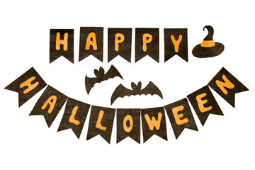 Happy Halloween with cut out letters, paper bat and other decorations isolated on white. paper art, halloween with kids concept