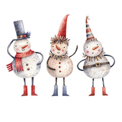 Watercolor set of cute cartoon style snowman. Childish hand-drawn illustration isolated on the white background. Christmas illustration of funny snowmen in vintage style