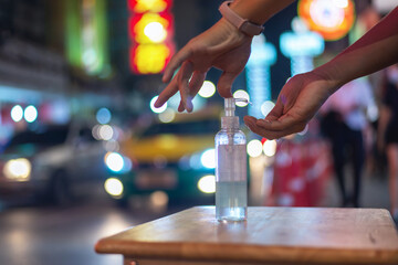 A man hands using wash hand sanitizer gel pump dispenser, A Man using hand cream outdoors on blurred background. Washing hand with Alcohol Sanitizer, prevent the virus and bacterias,Hygiene concept.