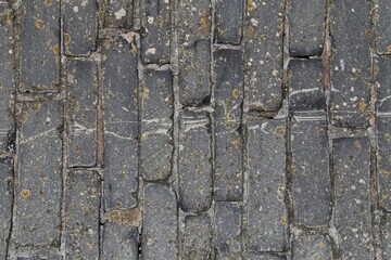 A vertical grey brick pattern in a sea wall, Wales, UK.