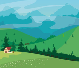 landscape in sun day with farmhouse and hills, panoramic countryside of green field vector illustration design