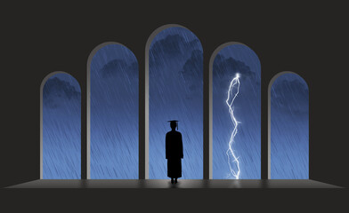 A college graduate in a cap and gown looks out of an arched doorway to find rain, storms and lightning waiting for her or him in the job market.