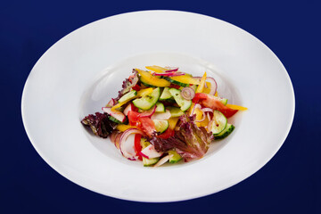 Vegetable salad with cucumbers, tomatoes, radish, radish, bell peppers, onions and lettuce.