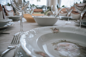 Restourant's table cutlery set with empty plate