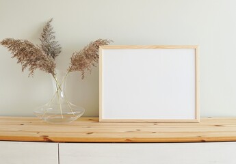Horizontal wooden frame mockup for photo, print, painting, artwork presentation, boho style decorations, wooden shelf. 