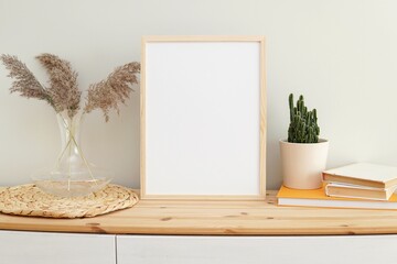 Boho style interior frame mockup, blank wooden frame on wooden shelf, books, plants.