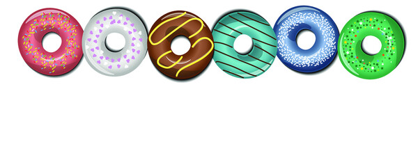 Creative Collection of vector glazed sweet colored donuts. Baking snack cake breakfast donut food baking sugar chocolate delicious on white background