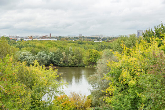 City view from Kolomenskoye park on a cloudy day. Moscow, Russia