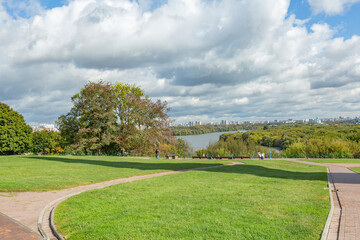 City view from Kolomenskoye park on a cloudy day. Moscow, Russia