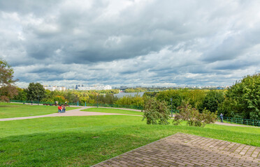 City view from Kolomenskoye park on a cloudy day. Moscow, Russia