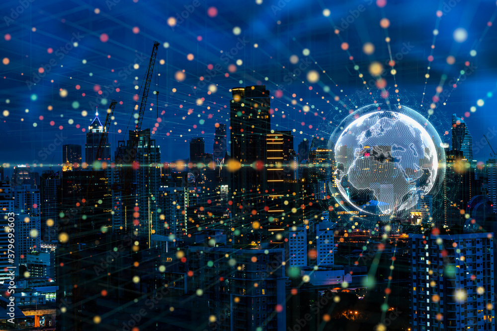 Poster modern city with wireless network connection and city scape concept.wireless network and connection 