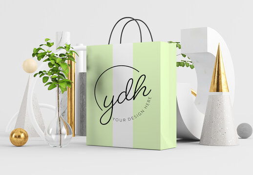Shopping Bag Mockup with Abstract Shapes and Plants 