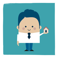 Smiling businessman holding a tiny house  - Kawaii cartoon character business illustration