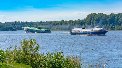 Hydrofoil meteor or comet on Lake Onega. Two ships are moving along the lake towards each other....