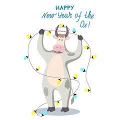 Illustration on the theme of the New Year. Year of the white metal ox. Funny cute picture