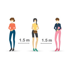 Social Distancing. People wearing mask and social distancing to protect COVID-19. New normal life. Vector illustration.