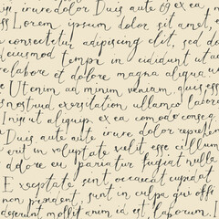 Vector seamless pattern with black handwritten text on the old paper background in retro style. Lorem Ipsum. Suitable for wallpaper, wrapping paper, fabric, textile