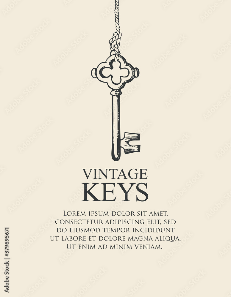 Poster banner with a vintage key and place for text on a light background. vector illustration in retro sty