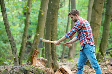 working hard. firewood at the campsite. camping and hiking. outdoor activity. strong man with ax....