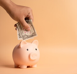 America dollars banknotes money into piggy bank on Saving money wealth and financial concept.