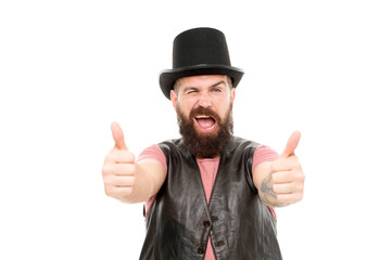 Magician circus worker. Man bearded guy cheerful face solve problem as magician. Magician...
