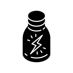 Energy shot black glyph icon. Caffeinated beverage. Drink for stamina. Booze in glass bottle. Product to boost vitality. Bottled liquid. Silhouette symbol on white space. Vector isolated illustration