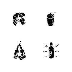 Caffeinated drinks black glyph icons set on white space. Ginkgo biloba ingredient. Coffee mug. Energy alcoholic drink. Beverafe to increase stamina. Silhouette symbols. Vector isolated illustration
