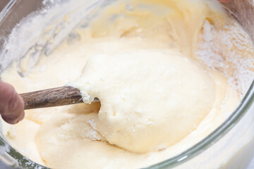 Close-up of a sponge cake dough preparation