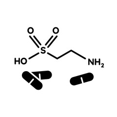 Taurine black glyph icon. Scientific formula for organic compound. Energy drink supplement. Pharmaceutical additive. Atomic bond. Silhouette symbol on white space. Vector isolated illustration