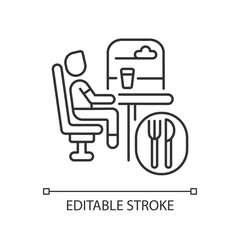Dining car linear icon. Traveling with comfort, train restaurant. Train service, onboard buffet thin line customizable illustration. Contour symbol. Vector isolated outline drawing. Editable stroke