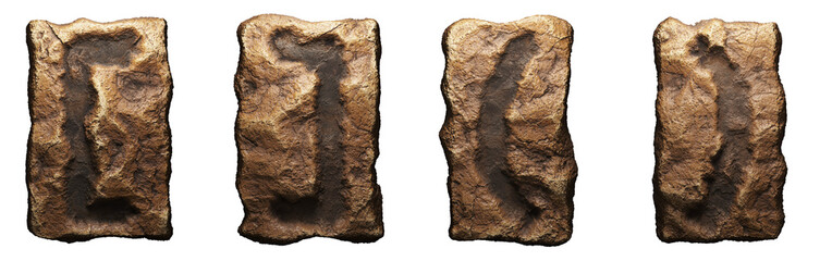 Set of rocky symbols left, right square bracket and left, right perentheeses . Font of stone on white background. 3d