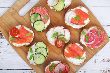 Top view on different sandwiches, flat lay