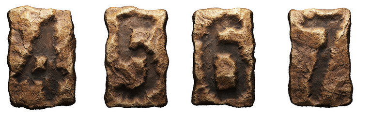 Set of rocky numbers 4, 5, 6, 7. Font of stone on white background. 3d
