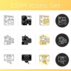 Freight transportation icons set. Linear, black and RGB color styles. Package pickup schedule, shipping supplies and letter zip code. Postal services. Isolated vector illustrations