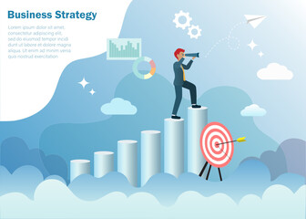 Business goal, vision and strategy concept.Businessman standing at top of graph in cloudy sky with binocular searching for successful target direction of strategic solution and growth financial profit