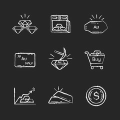 Precious metals chalk white icons set on black background. Platinum and silver bars in safe. Mining for gold. Gemstones for jewellery. Golden bullion. Isolated vector chalkboard illustrations