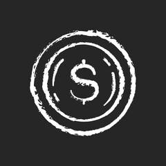 Commemorative coin chalk white icon on black background. Precious metal investment. Dollar sign on penny. Financial wealth. Price for payment. Business fund. Isolated vector chalkboard illustration