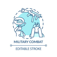 Military combat concept icon. Posttraumatic stress disorder idea thin line illustration. PTSD treatment. Dangerous situations aftermath. Vector isolated outline RGB color drawing. Editable stroke