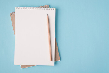 Top above overhead view flat lay photo of a blank notebook and a pencil placed to the left side isolated on pastel blue color background with copyspace