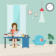 Business workplace. Office desk in room. Woman work from home. Vector illustration.